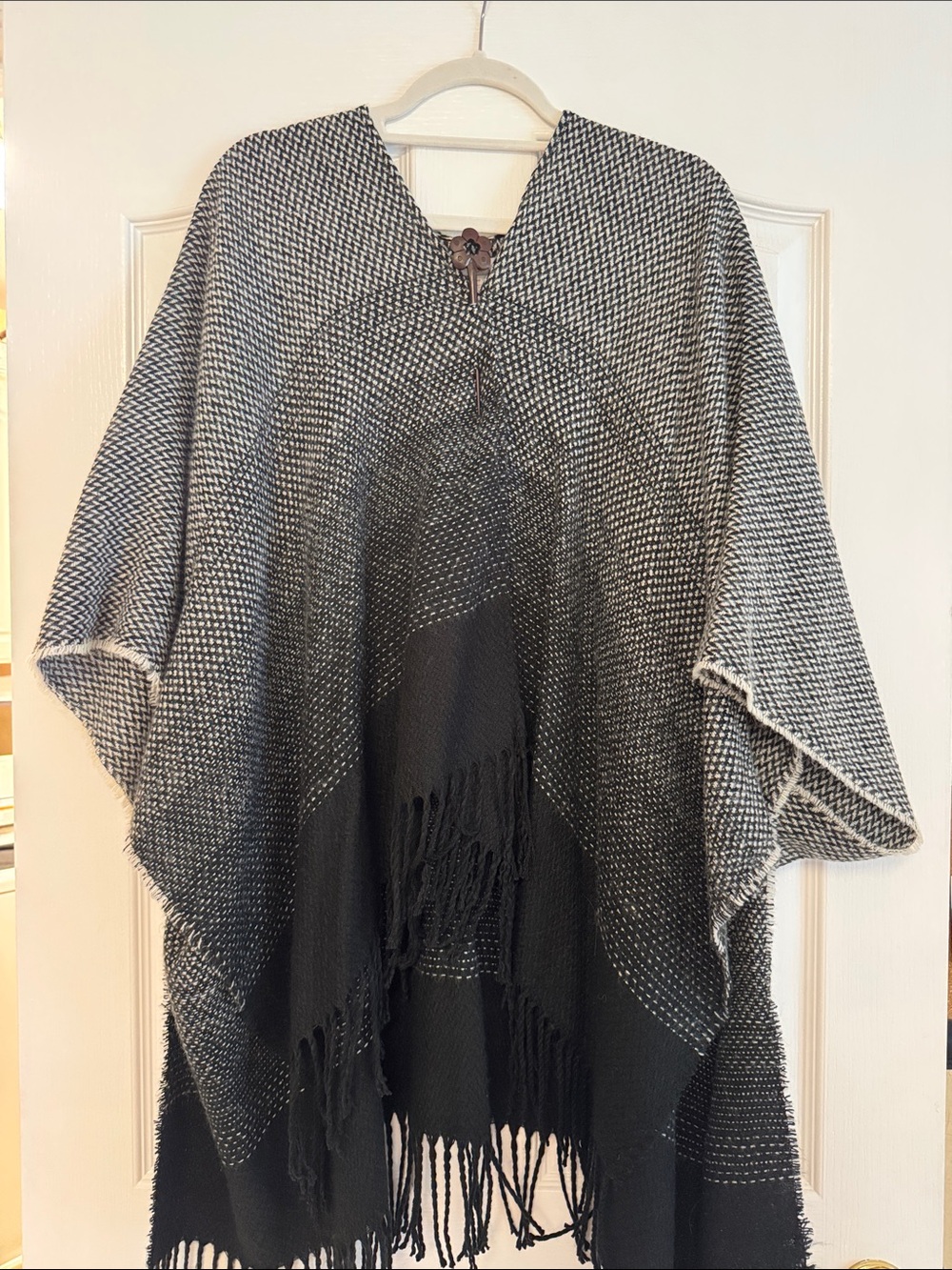 LOFT Black and Gray Woven Fringe Poncho